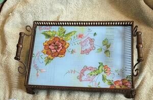 Tracey Porter LG Floral Serving Tray Bronze Gallery Rail Claw Feet Shabby Chic